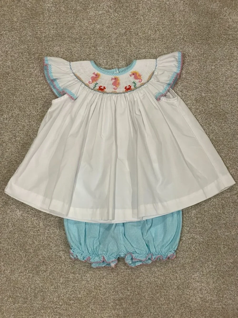 Petit Bebe Smocked Pink Seahorse and Red Crabs Set Size 12 Months